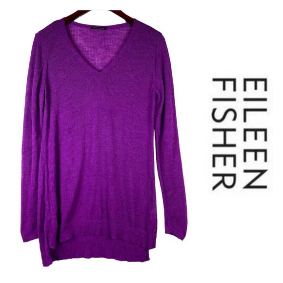 Eileen Fisher Small Sweater Thin Pullover 100% Wool Bright Purple V-Neck Sheer - Picture 2 of 5